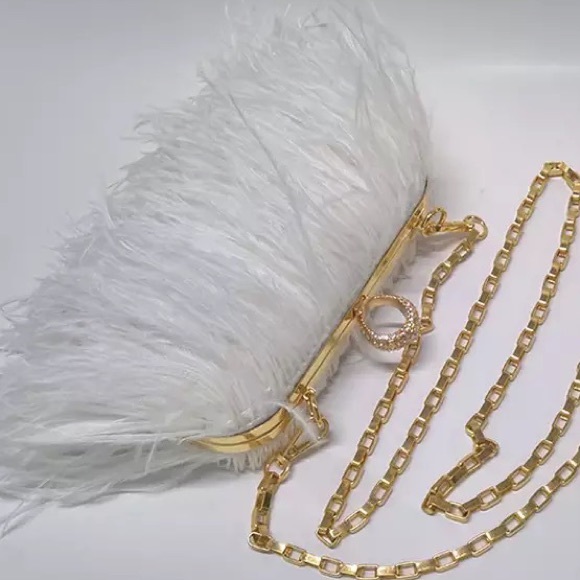 🌸 OSTRICH PURSE FEATHER HARD CLUTCH BAG BOHO CHIC DESIGNER ELITE HANDLE CHAIN - Picture 6 of 12